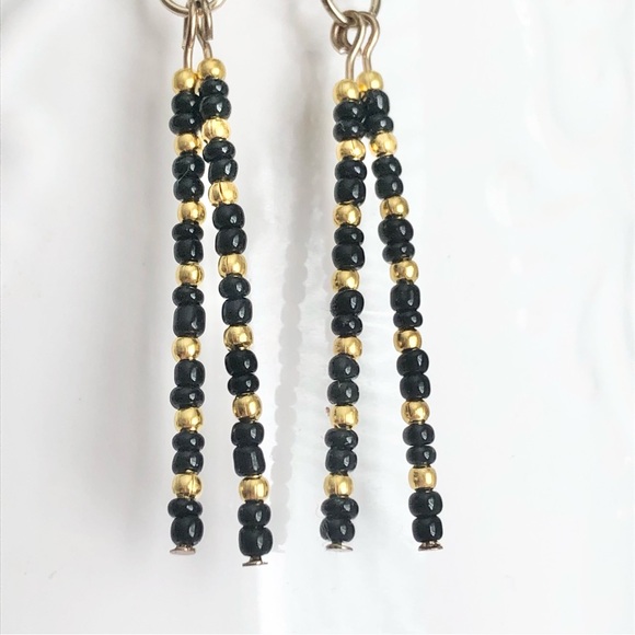 New Hand Beaded Dangling Earrings Black Golden Dainty Elegant Modern Classic - Picture 8 of 8
